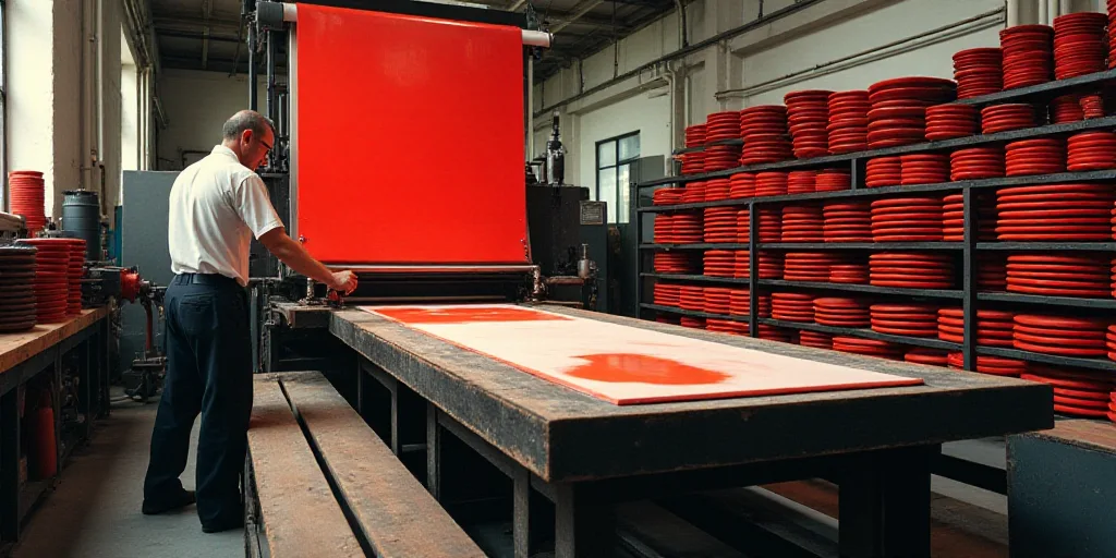 a man is working on a machine in a factory with red plates on it and a rack of red plates on the sid