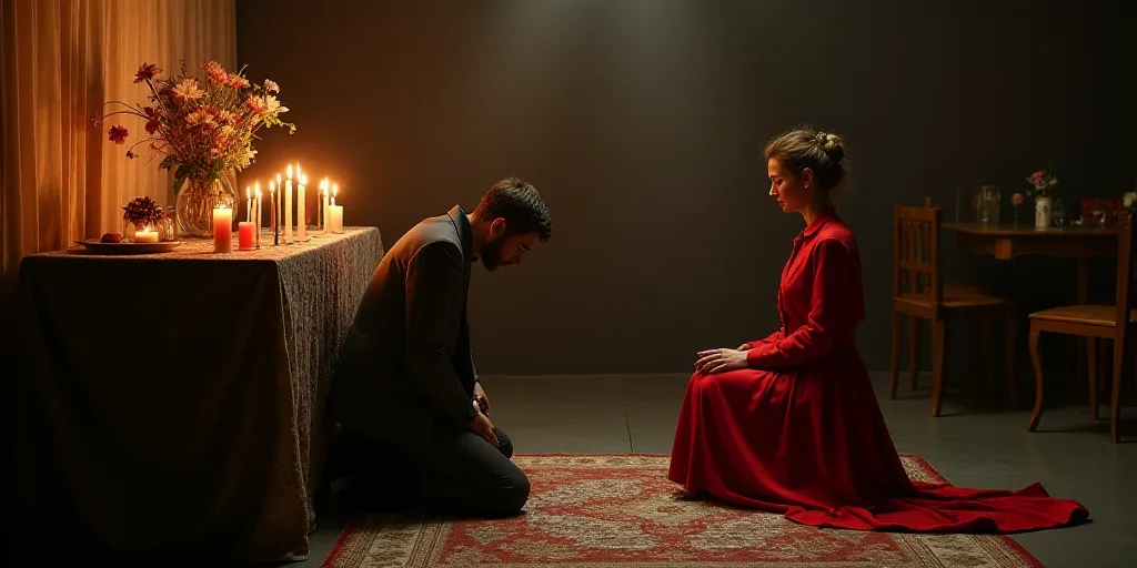 a man kneeling down next to a bunch of candles and flowers on a table with candles on it and a woman