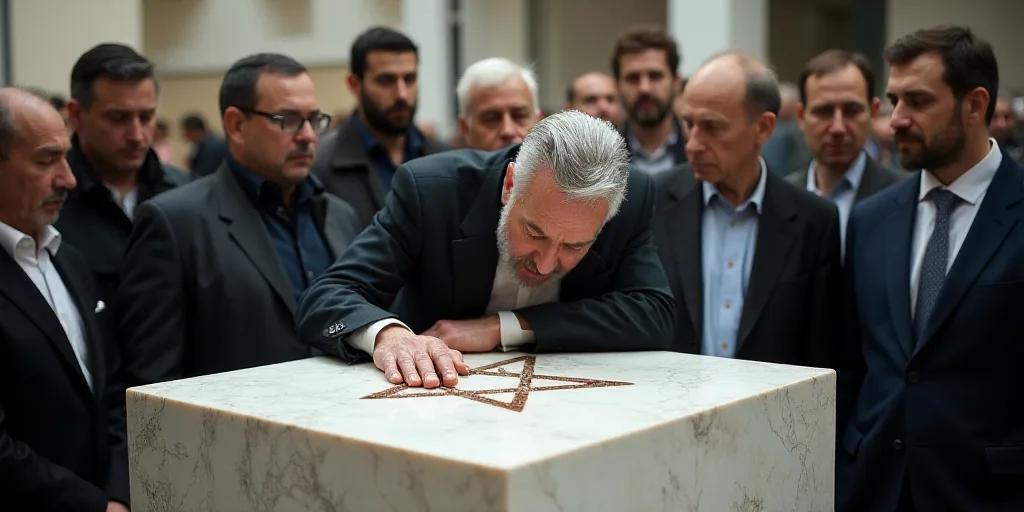 a man leaning over a large box with a star of david on it and people surrounding him looking at it,