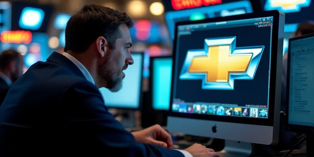 a man looking at a computer screen with a chevron logo on it in a stock market in the city, Evelyn A