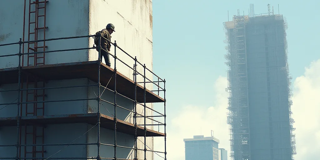 a man on a scaffolding on a building with a helmet on top of it and a building under construction, E