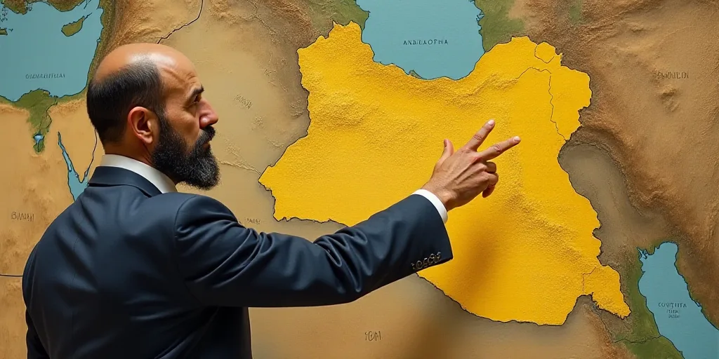 a man pointing at a map of the country of iraq with a map of the country in the background, Amédée