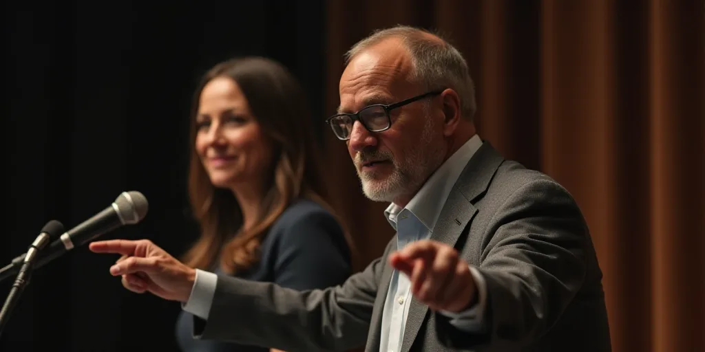 a man pointing at something while standing in front of a microphone and a woman behind him with a mi