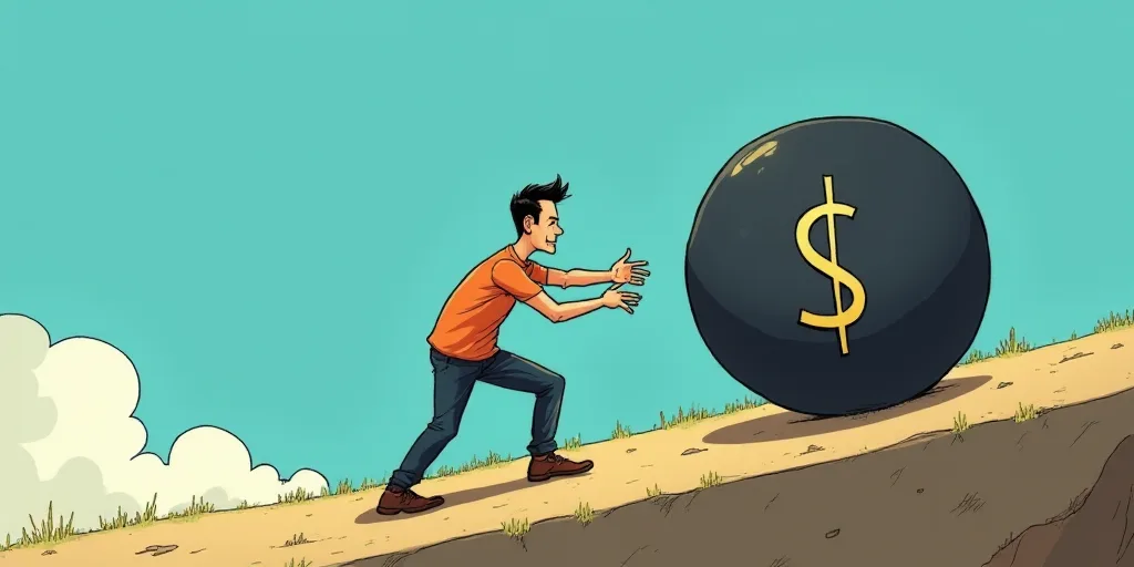 a man pushing a large black ball up a hill with a dollar sign on it's side and a blue background, Co