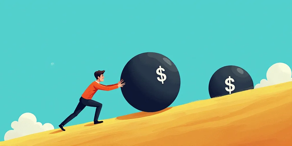 a man pushing a large black ball up a hill with a dollar sign on it's side and a blue background, Co