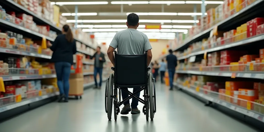 a man pushing a wheel chair in a grocery store aisle with people shopping in the aisles behind him a