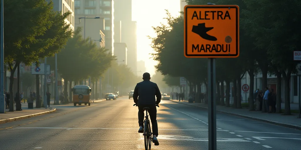 a man riding a bike down a street next to a traffic light and a sign that says, aletra maradu, Féli
