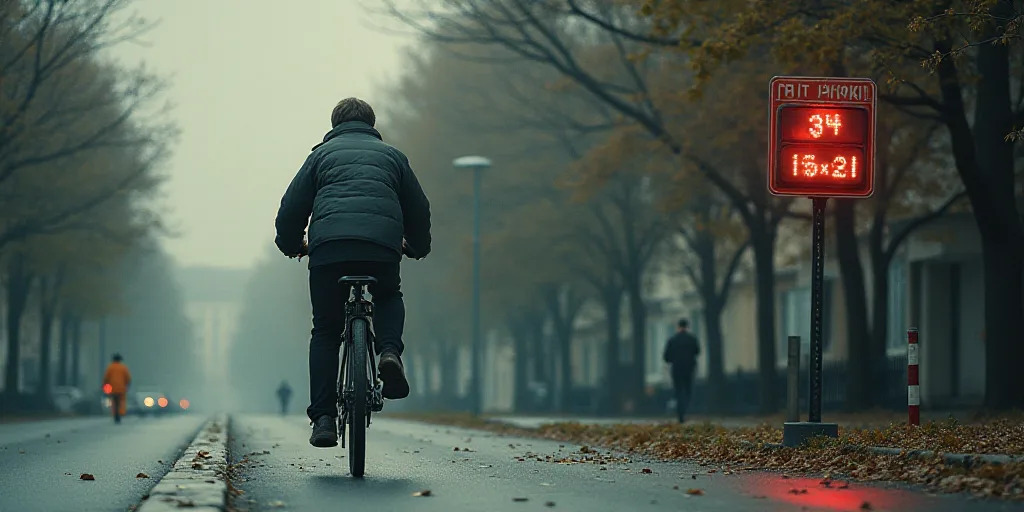 a man riding a bike down a street next to a traffic light and a sign with a message on it, Aquirax U
