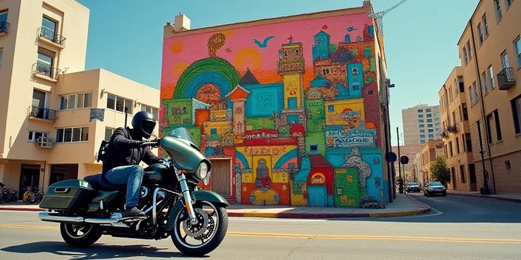 a man riding a motorcycle down a street next to a tall building with a mural on it's side, Carlos Tr