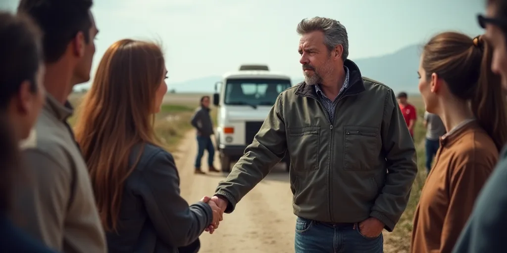 a man shaking hands with a group of people in front of a van and a van with a truck in the backgroun