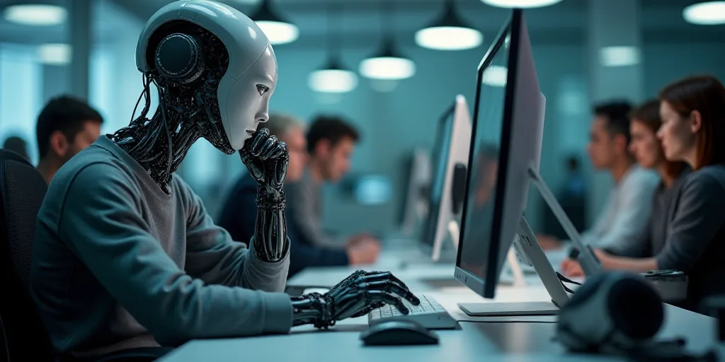 a man sitting at a desk with a computer and a robot head on it's face and people around him, Ai-Mits