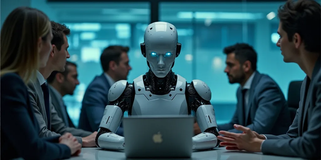 a man sitting at a desk with a computer and a robot head on it's face and people around him, Ai-Mits