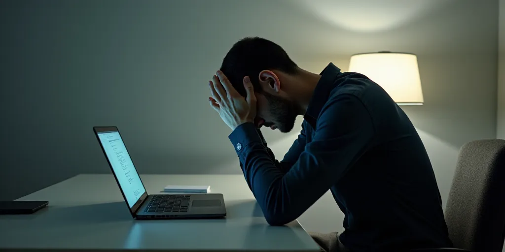 a man sitting at a desk with his head in his hands and a laptop on his desk next to him, Évariste V