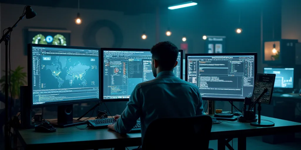 a man sitting at a desk with multiple computer monitors and laptops on it, with a microphone in the