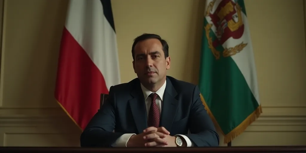 a man sitting at a desk with two flags behind him and a chair behind him with a desk in front of him