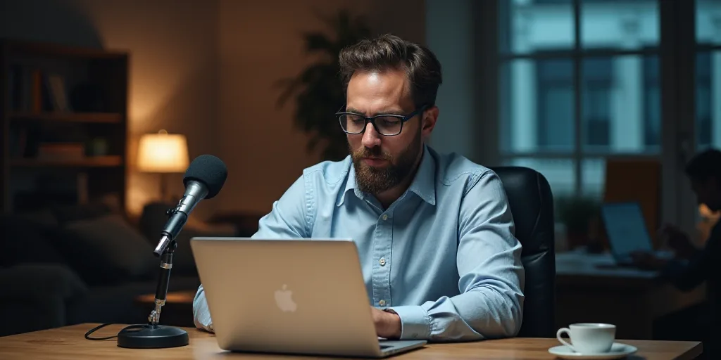 a man sitting at a table with a laptop computer in front of him and a microphone in front of him, Em