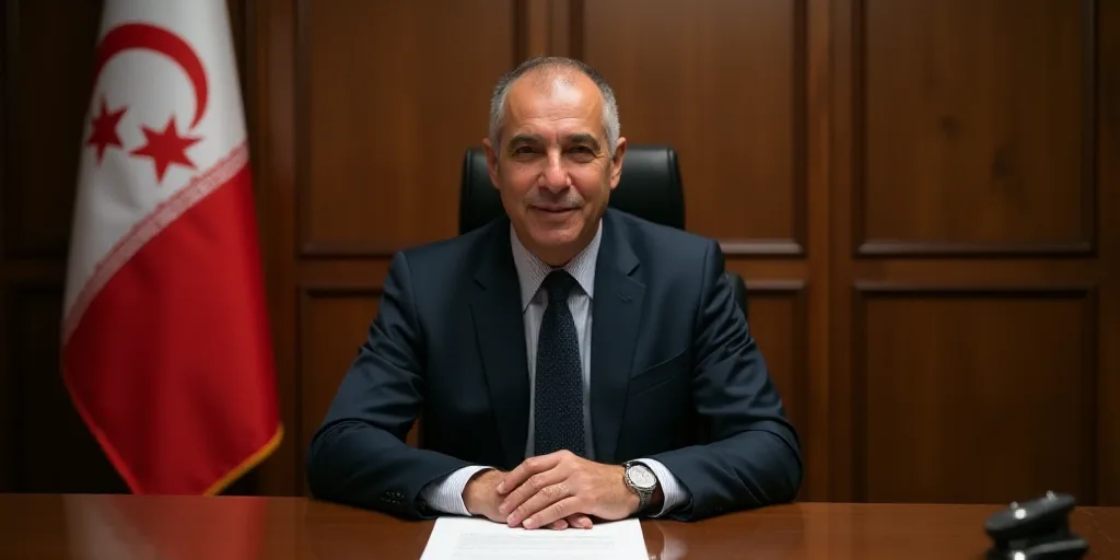 a man sitting at a table with a document in front of him and a flag behind him in a room with wooden