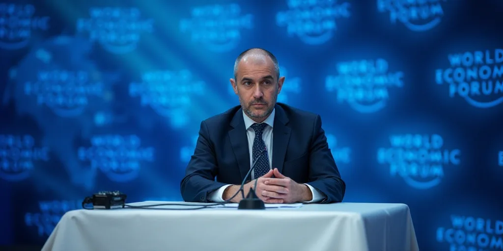 a man sitting at a table with a microphone in front of him and a blue backdrop behind him with the w