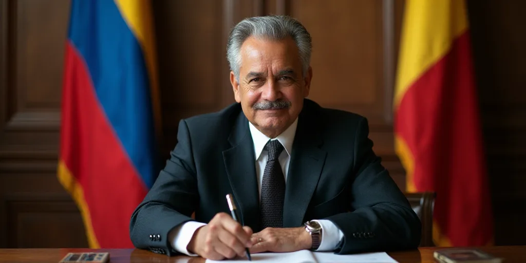 a man sitting at a table with a pen in his hand and two flags behind him and a flag behind him, Fede