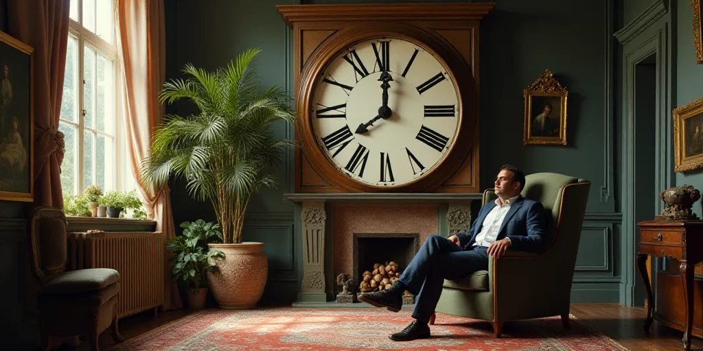 a man sitting in a chair next to a large clock with roman numerals on it's face, Clovis Trouille, va