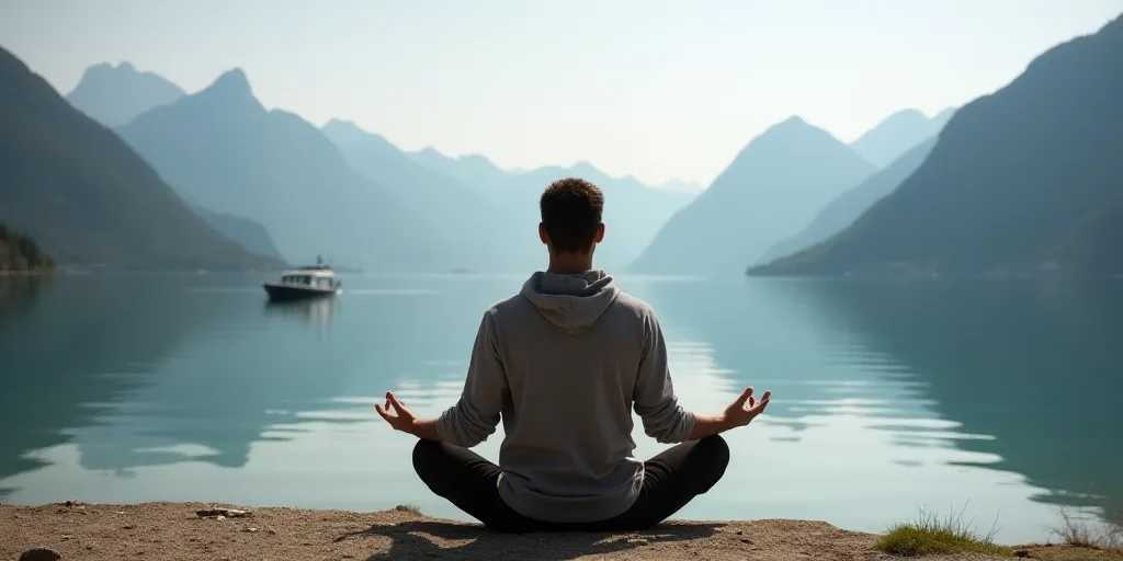a man sitting in a yoga position in front of a lake with mountains in the background and a boat in t