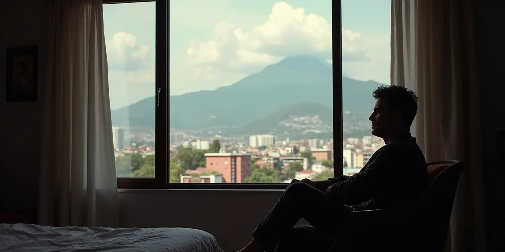 a man sitting in front of a window in a room with a view of a city and mountains in the background,