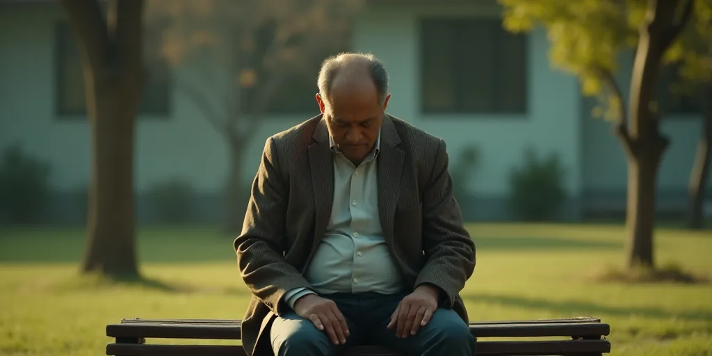 a man sitting on a bench with his head down and his hands in his pockets, with his hands in his pock