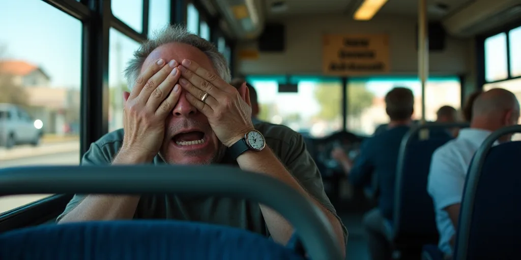 a man sitting on a bus holding his head in his hands and covering his eyes with his hands, with a si