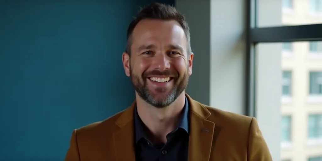 a man smiling and wearing a brown jacket and a black shirt and a window behind him is a blue wall, A
