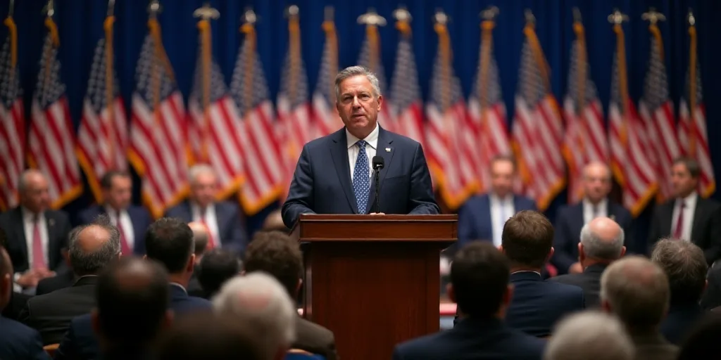 a man standing at a podium in front of a crowd of people in chairs with flags behind him and a micro