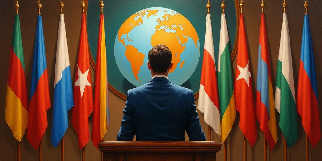 a man standing at a podium in front of flags of different countries and a flag of the world behind h