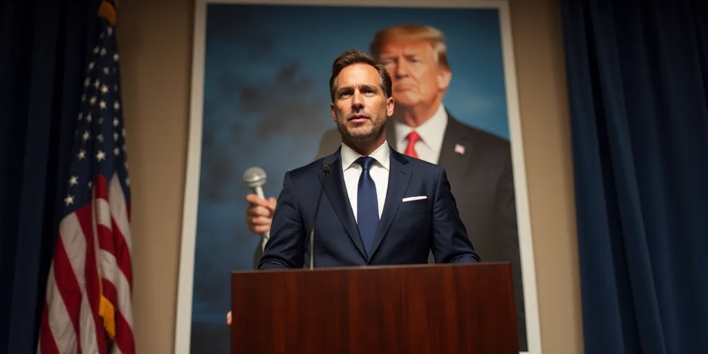 a man standing at a podium in front of a poster of a man in a suit and tie with a microphone, Brian