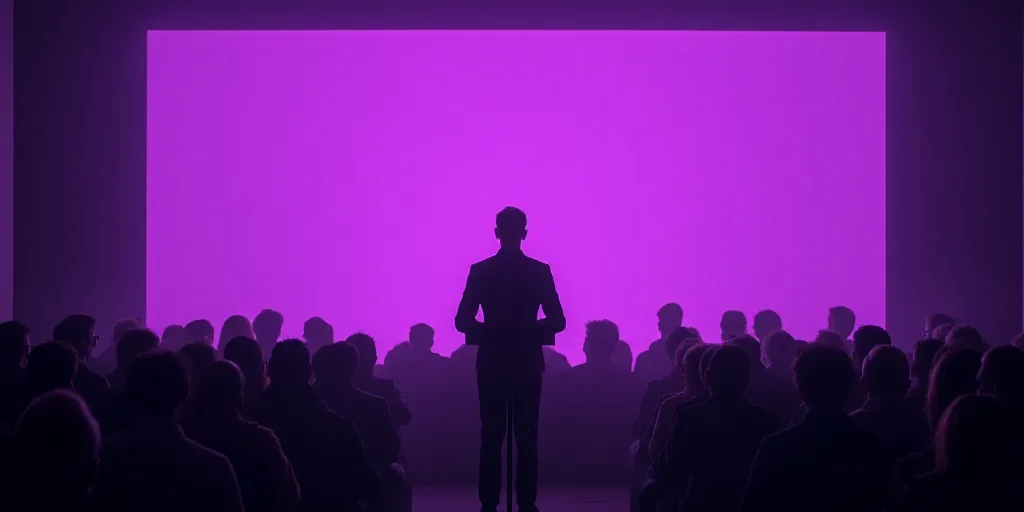 a man standing at a podium in front of a crowd of people in front of a purple wall with a purple ban