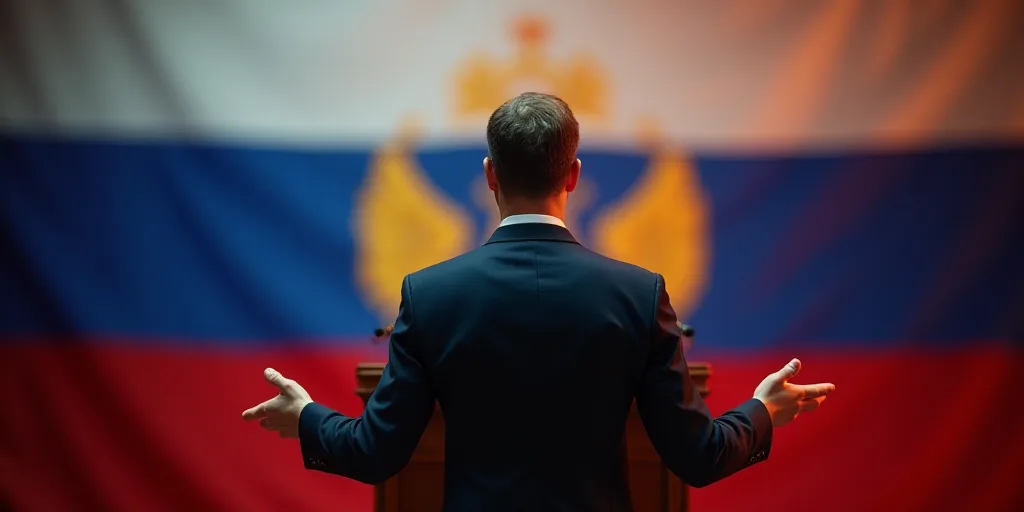 a man standing at a podium with his hands out in front of him and a flag behind him and a microphone