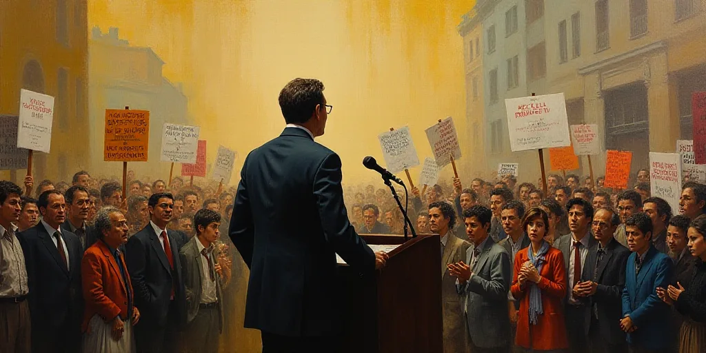 a man standing at a podium with a crowd of people behind him holding signs and a microphone in front