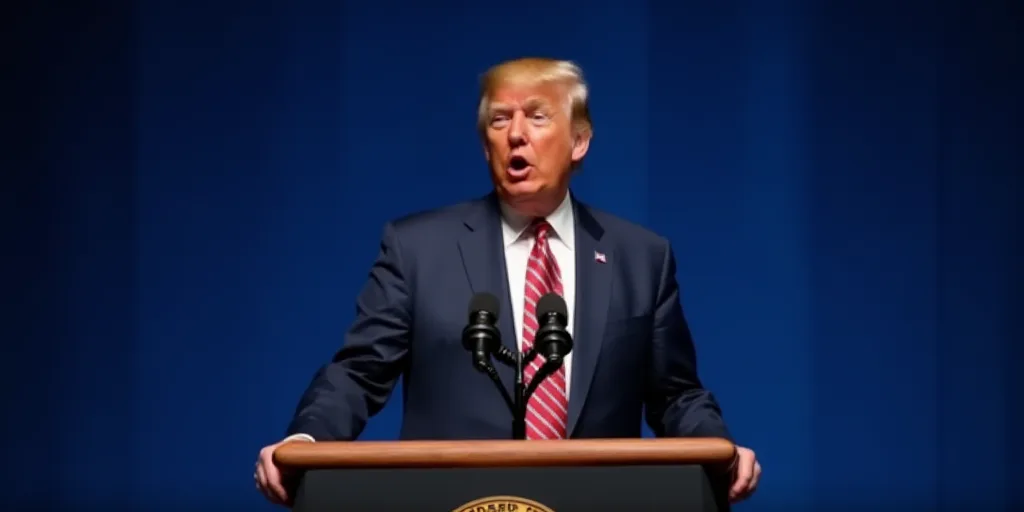 a man standing at a podium with a microphone in front of him and a blue background behind him with t