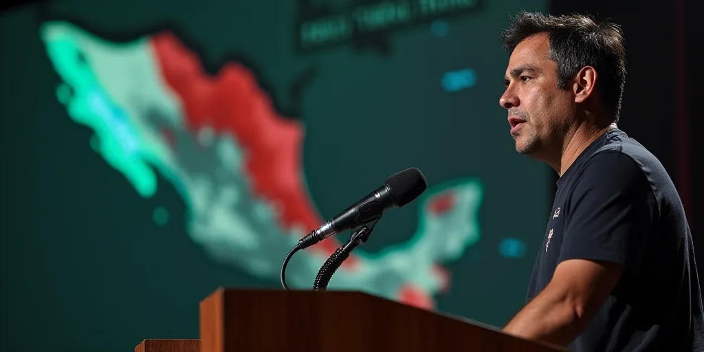 a man standing at a podium with a microphone in front of him and a map of mexico behind him, Federic