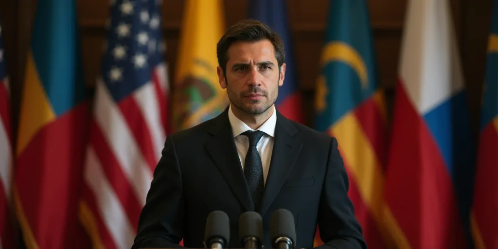 a man standing at a podium with a microphone in front of flags and a microphone in the background wi