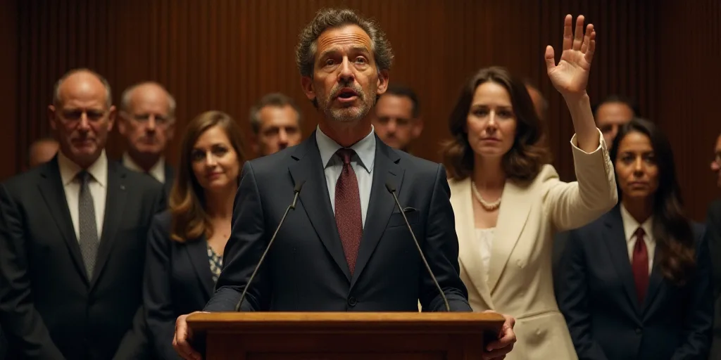 a man standing at a podium with other people behind him and a woman standing behind him with her han