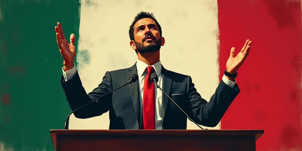 a man standing at a podium with his hands up in front of him and a mexican flag behind him, Araceli