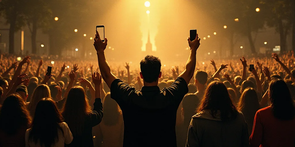 a man standing in a crowd of people holding up cell phones in the air with a crowd of people standin
