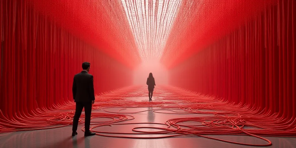 a man standing in a room filled with lots of red wires and wires on top of each other and a woman st
