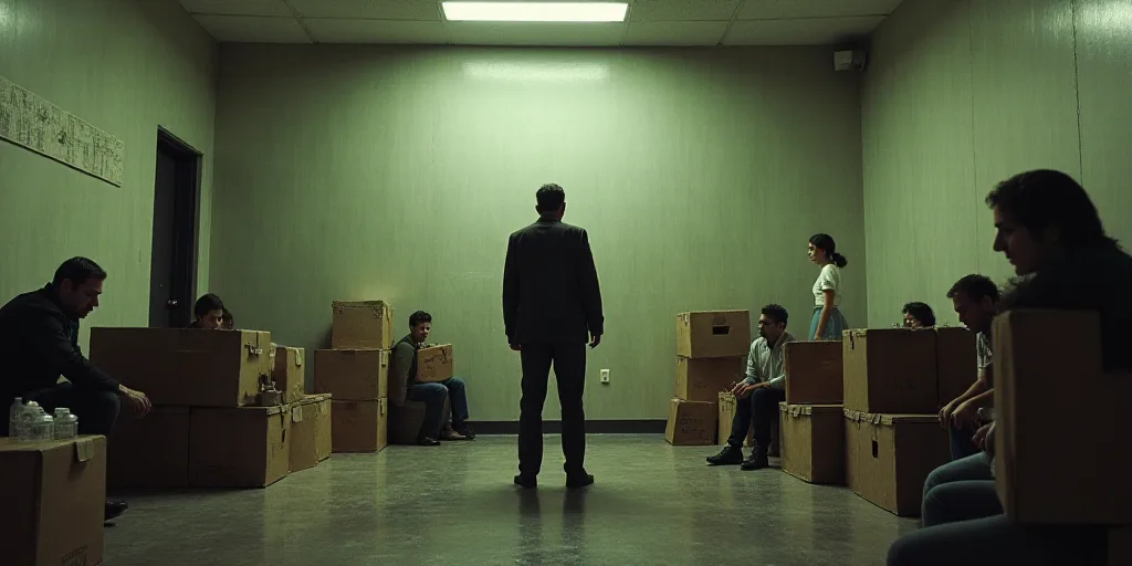 a man standing in a room with boxes on the floor and people sitting around him and a woman standing