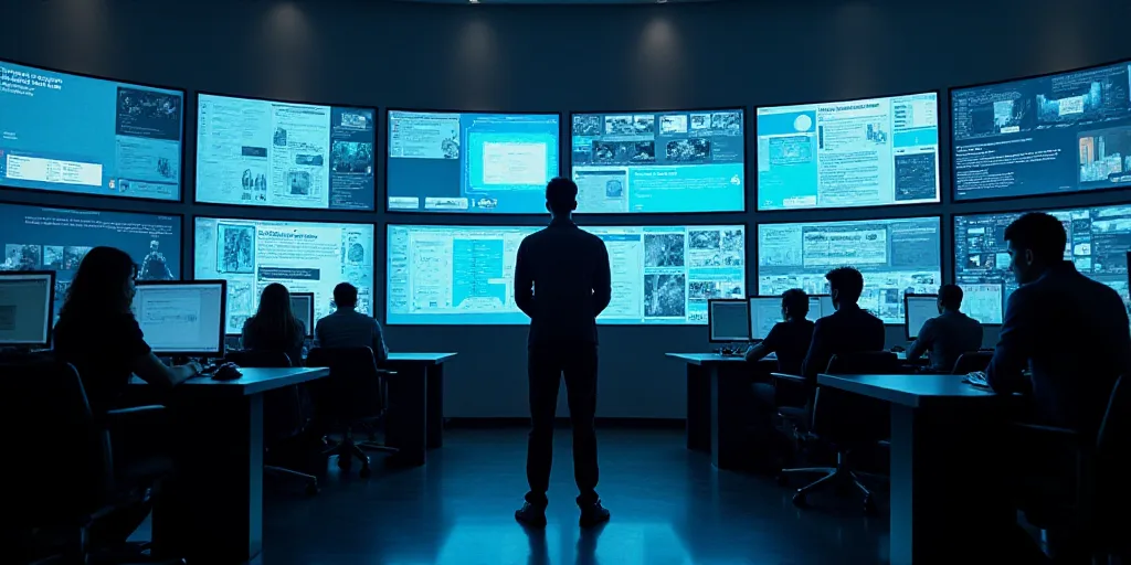 a man standing in front of a bunch of monitors in a building with people standing around it and look