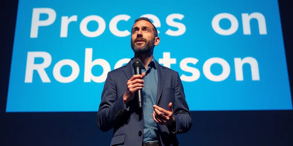 a man standing in front of a blue sign holding a microphone in his hand and a microphone in his othe