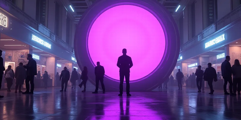 a man standing in front of a booth at a convention with a large purple object in the foreground, Ame