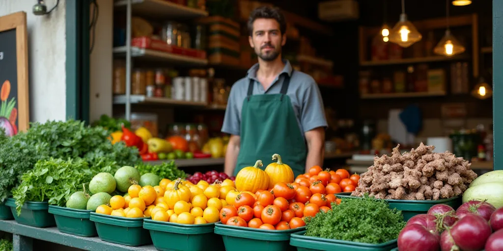 a man standing in front of a display of vegetables and fruits in plastic containers on a table in a