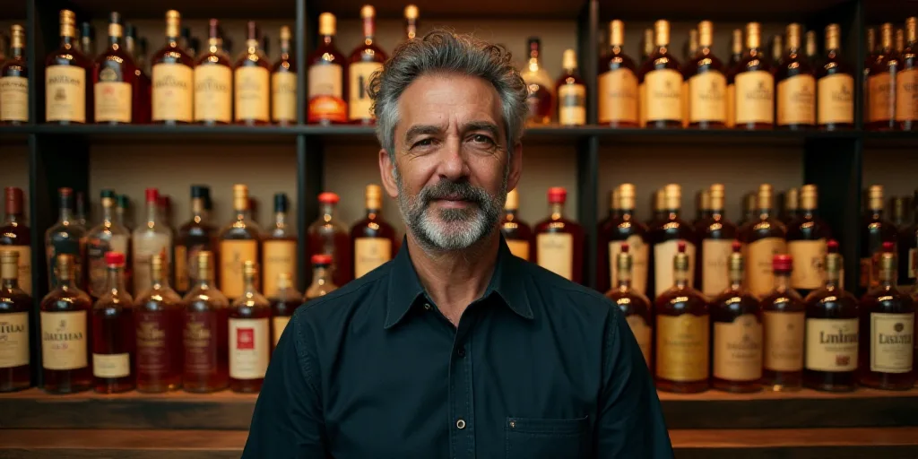 a man standing in front of a display of bottles of liquor in a store with shelves of bottles behind
