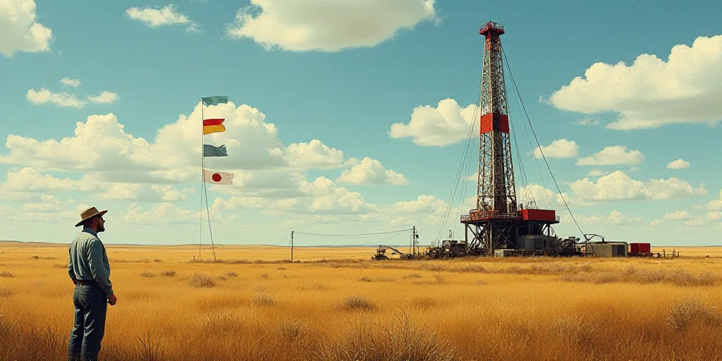 a man standing in front of a drilling rig in a field with a flag on it's side, Eduardo Lefebvre Scov