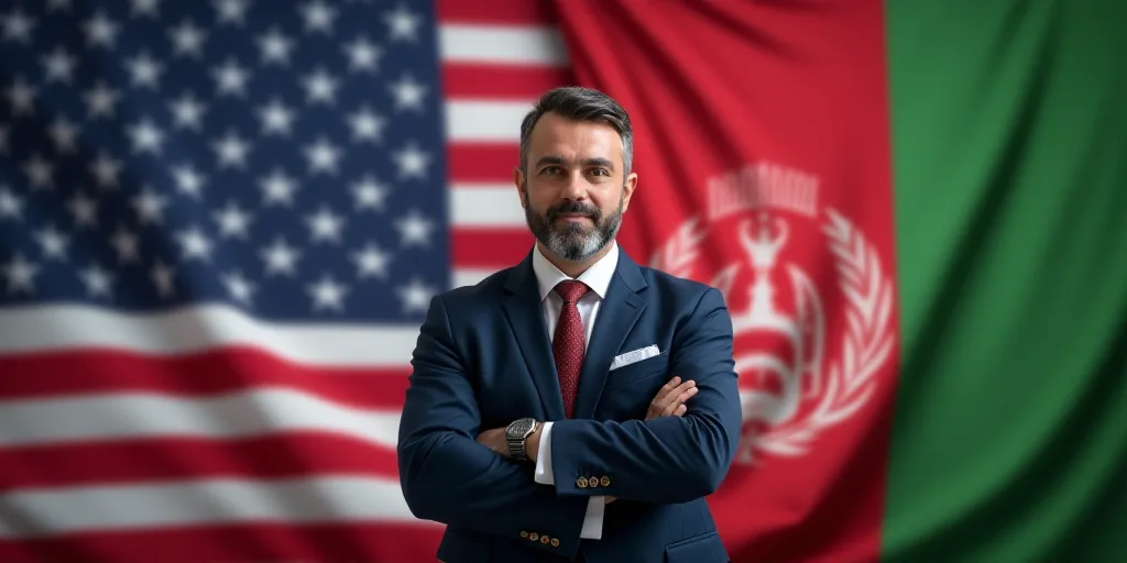 a man standing in front of a flag and a flag of the united states of america and the afghan american
